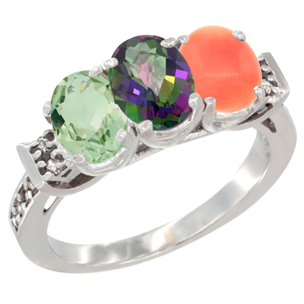10K White Gold Natural Green Amethyst, Mystic Topaz &amp; Coral Ring 3-Stone Oval 7x5 mm Diamond Accent, sizes 5 - 10