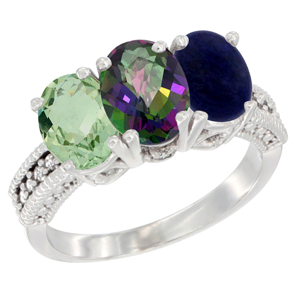 10K White Gold Natural Green Amethyst, Mystic Topaz &amp; Lapis Ring 3-Stone Oval 7x5 mm Diamond Accent, sizes 5 - 10