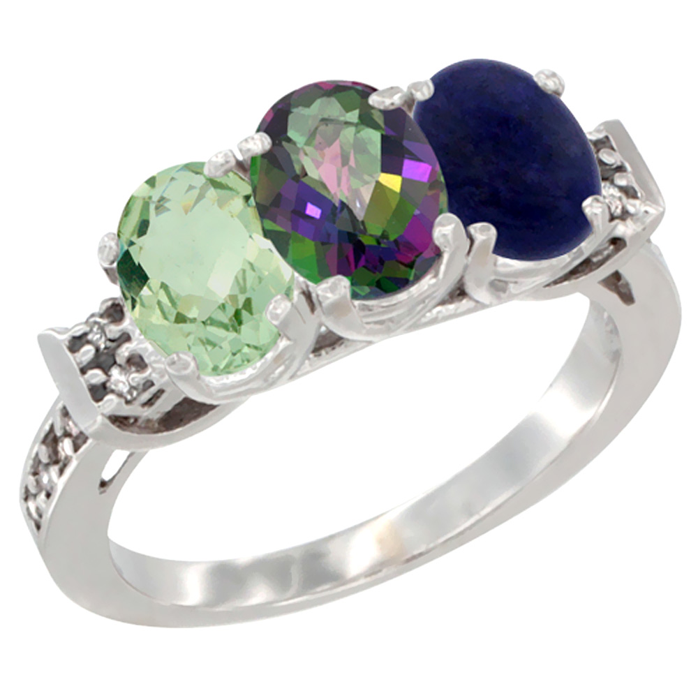 14K White Gold Natural Green Amethyst, Mystic Topaz &amp; Lapis Ring 3-Stone 7x5 mm Oval Diamond Accent, sizes 5 - 10
