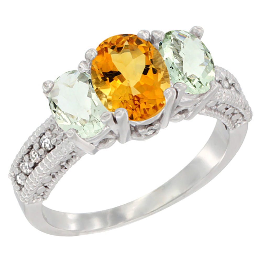 10K White Gold Diamond Natural Citrine Ring Oval 3-stone with Green Amethyst, sizes 5 - 10
