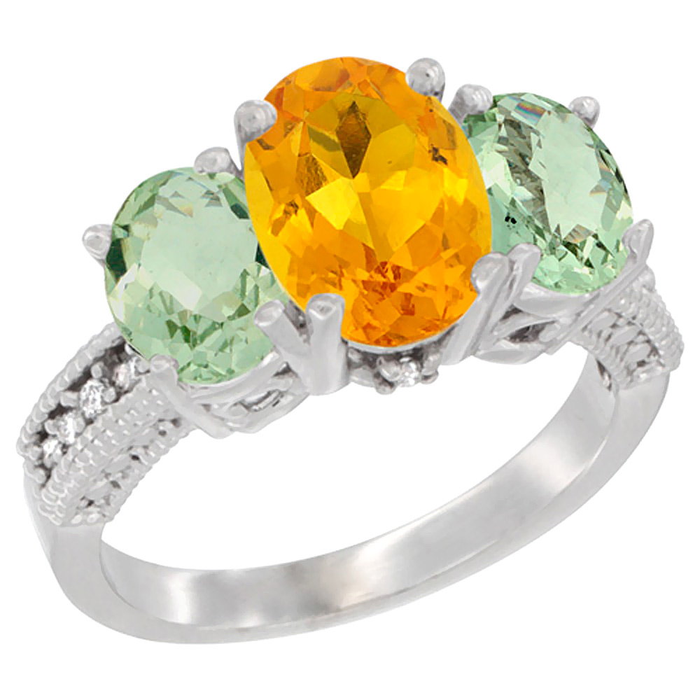 10K White Gold Diamond Natural Citrine Ring 3-Stone Oval 8x6mm with Green Amethyst, sizes5-10