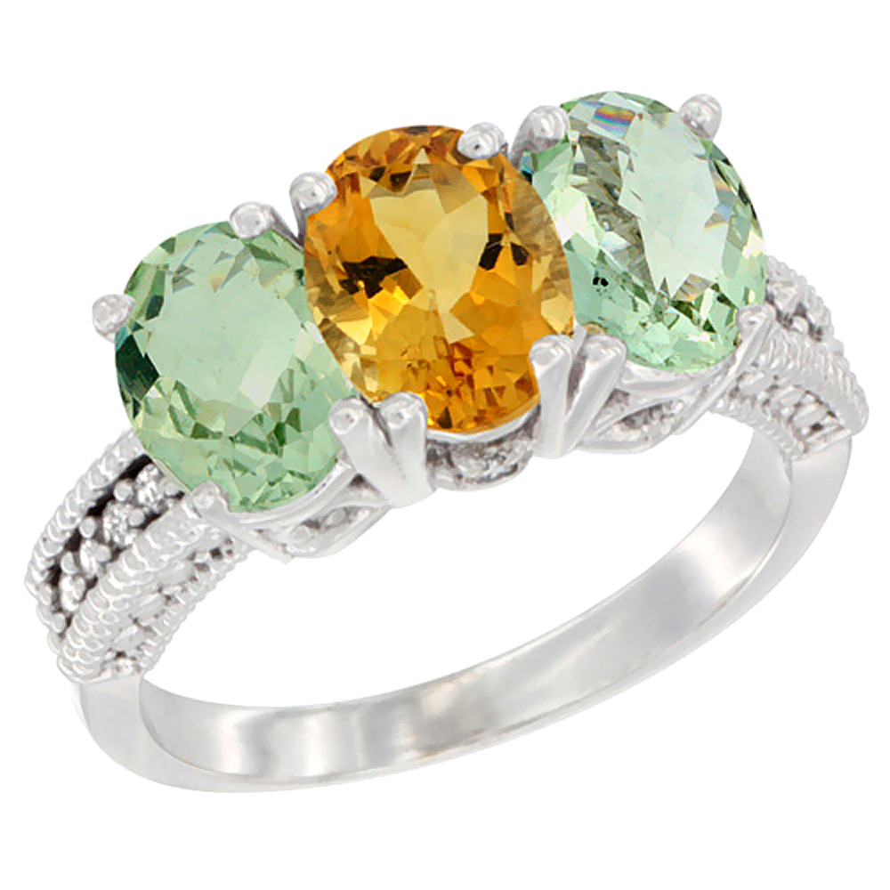 14K White Gold Natural Citrine &amp; Green Amethyst Sides Ring 3-Stone 7x5 mm Oval Diamond Accent, sizes 5 - 10