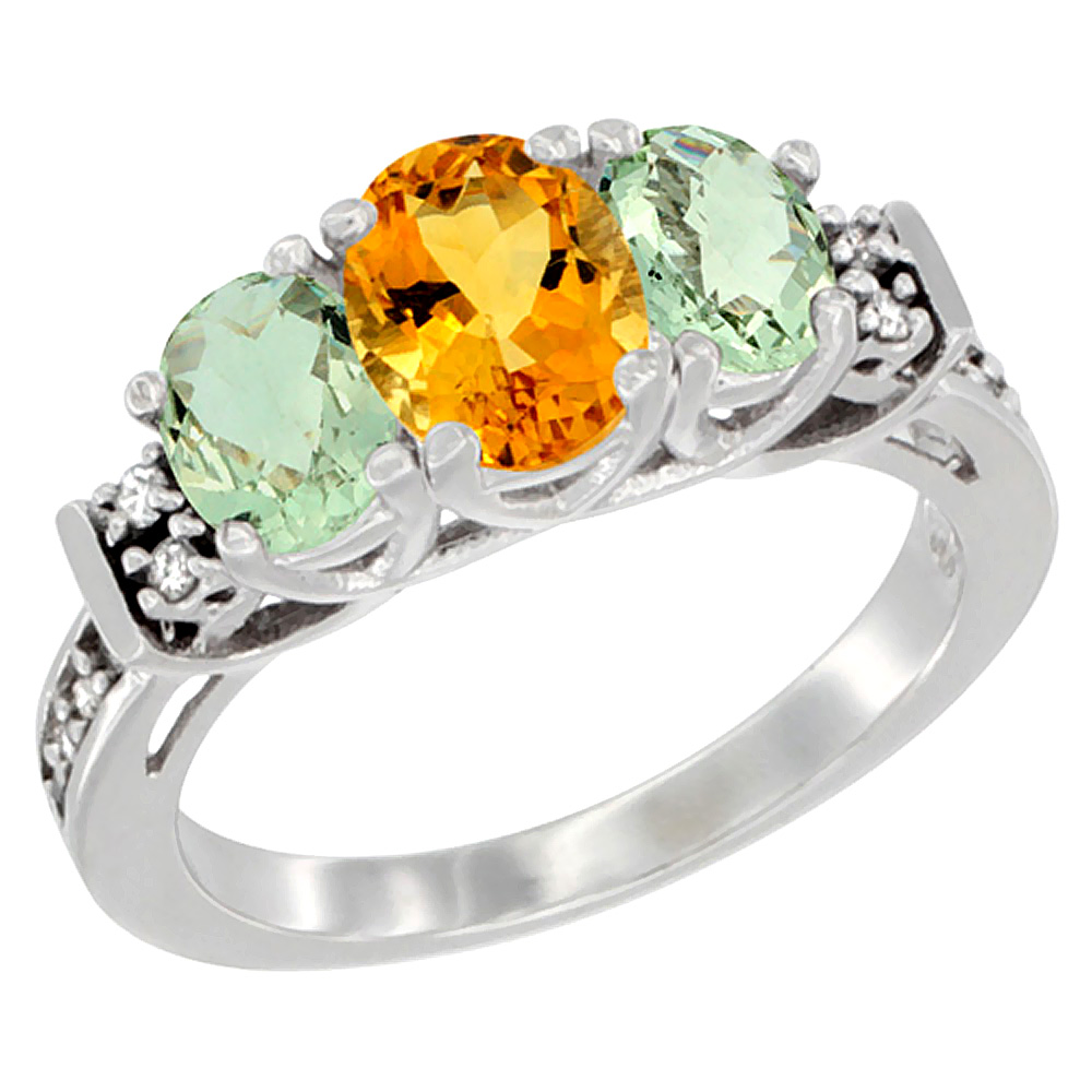 10K White Gold Natural Citrine & Green Amethyst Ring 3-Stone Oval Diamond Accent, sizes 5-10
