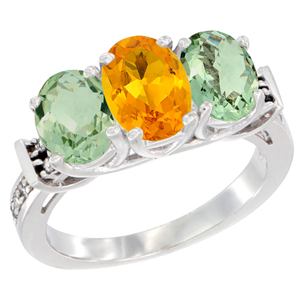14K White Gold Natural Citrine &amp; Green Amethyst Sides Ring 3-Stone Oval Diamond Accent, sizes 5 - 10