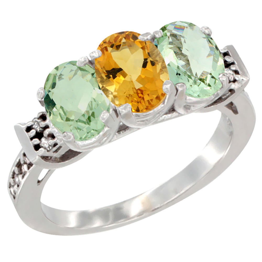 10K White Gold Natural Citrine &amp; Green Amethyst Sides Ring 3-Stone Oval 7x5 mm Diamond Accent, sizes 5 - 10