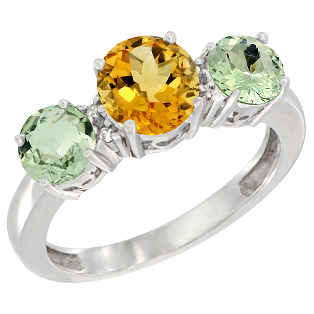 14K White Gold Round 3-Stone Natural Citrine Ring & Green Amethyst Sides Diamond Accent, sizes 5 - 10