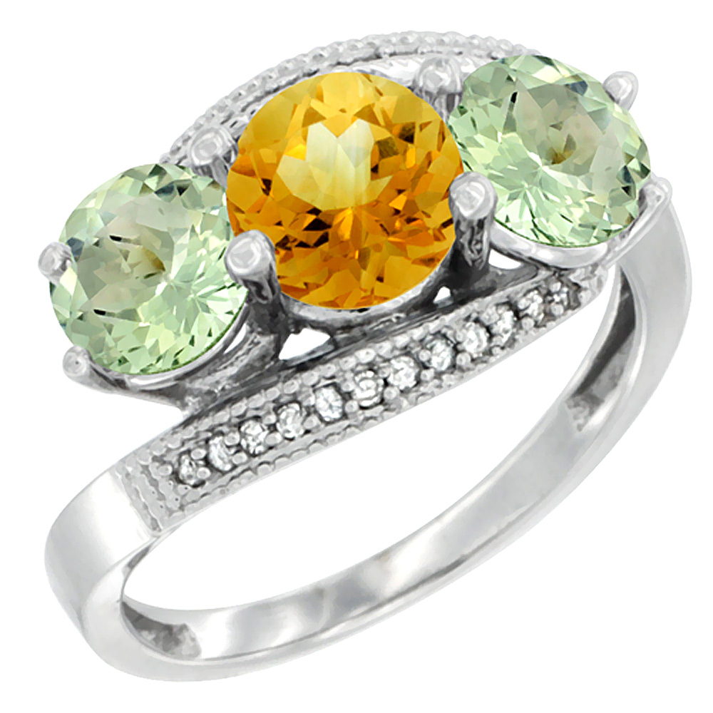 14K White Gold Natural Citrine &amp; Green Amethyst Sides 3 stone Ring Round 6mm Diamond Accent, sizes 5 - 10