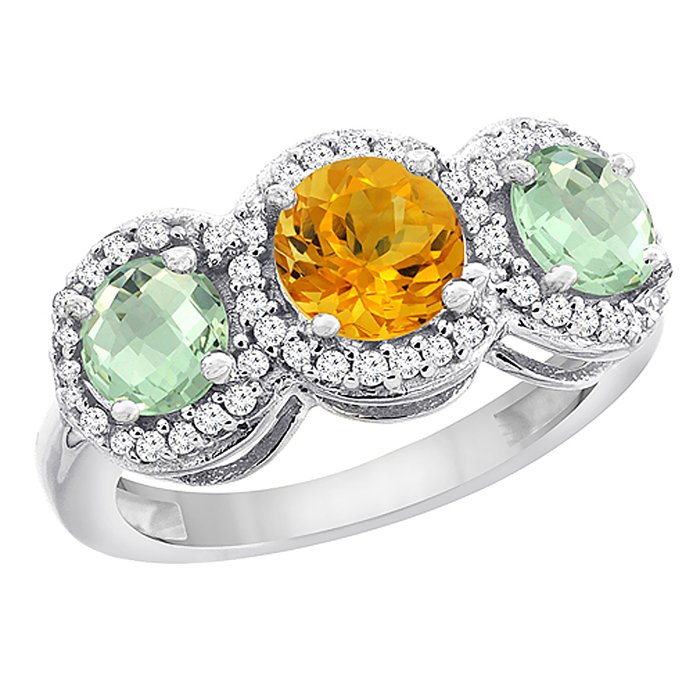 14K White Gold Natural Citrine & Green Amethyst Sides Round 3-stone Ring Diamond Accents, sizes 5 - 10