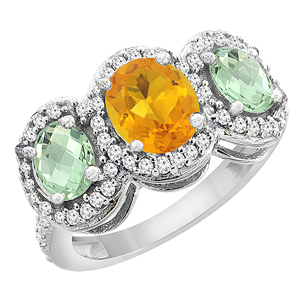10K White Gold Natural Citrine &amp; Green Amethyst 3-Stone Ring Oval Diamond Accent, sizes 5 - 10