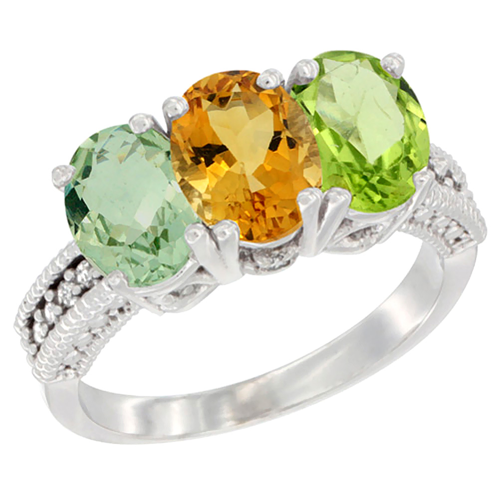 10K White Gold Natural Green Amethyst, Citrine & Peridot Ring 3-Stone Oval 7x5 mm Diamond Accent, sizes 5 - 10