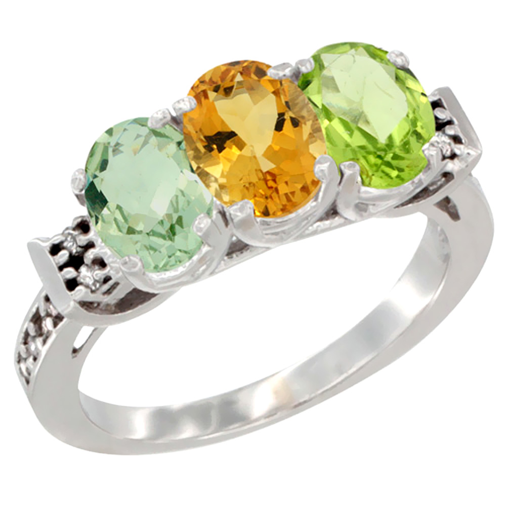 10K White Gold Natural Green Amethyst, Citrine & Peridot Ring 3-Stone Oval 7x5 mm Diamond Accent, sizes 5 - 10