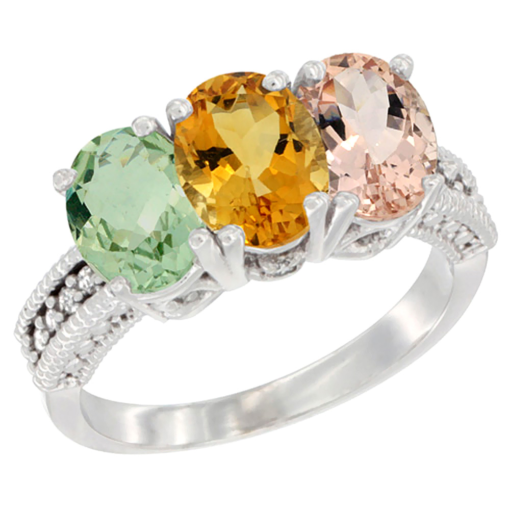 14K White Gold Natural Green Amethyst, Citrine &amp; Morganite Ring 3-Stone 7x5 mm Oval Diamond Accent, sizes 5 - 10