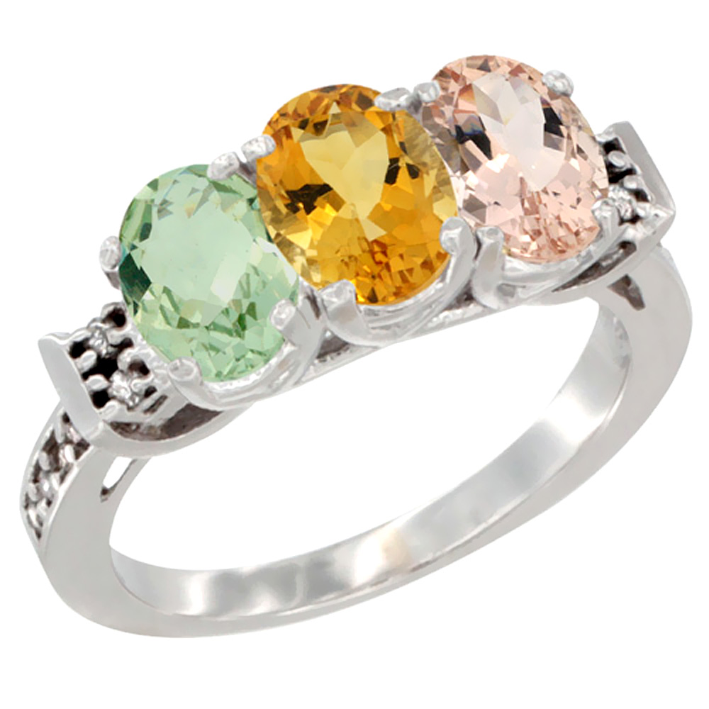 14K White Gold Natural Green Amethyst, Citrine &amp; Morganite Ring 3-Stone 7x5 mm Oval Diamond Accent, sizes 5 - 10