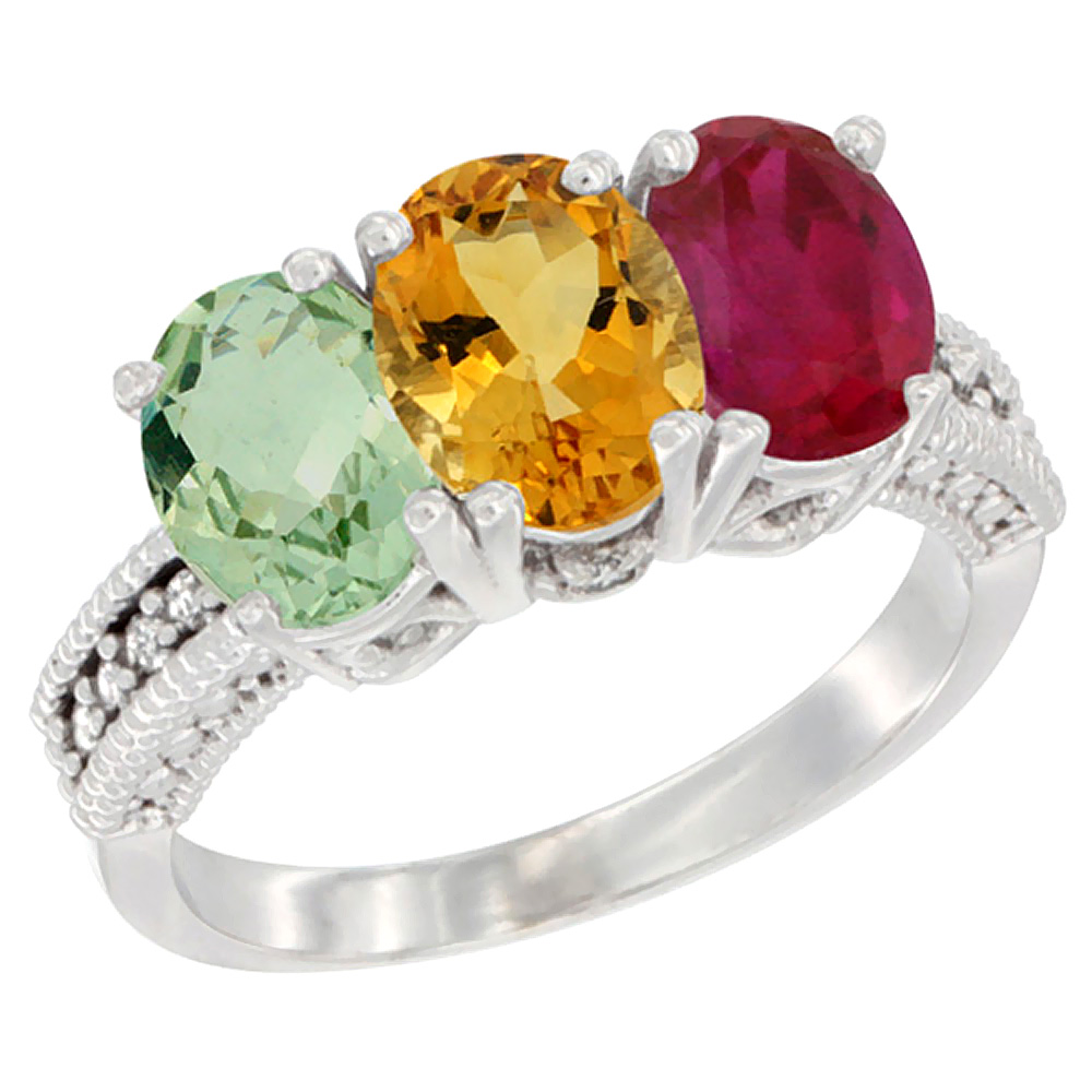 14K White Gold Natural Green Amethyst, Citrine &amp; Enhanced Ruby Ring 3-Stone 7x5 mm Oval Diamond Accent, sizes 5 - 10