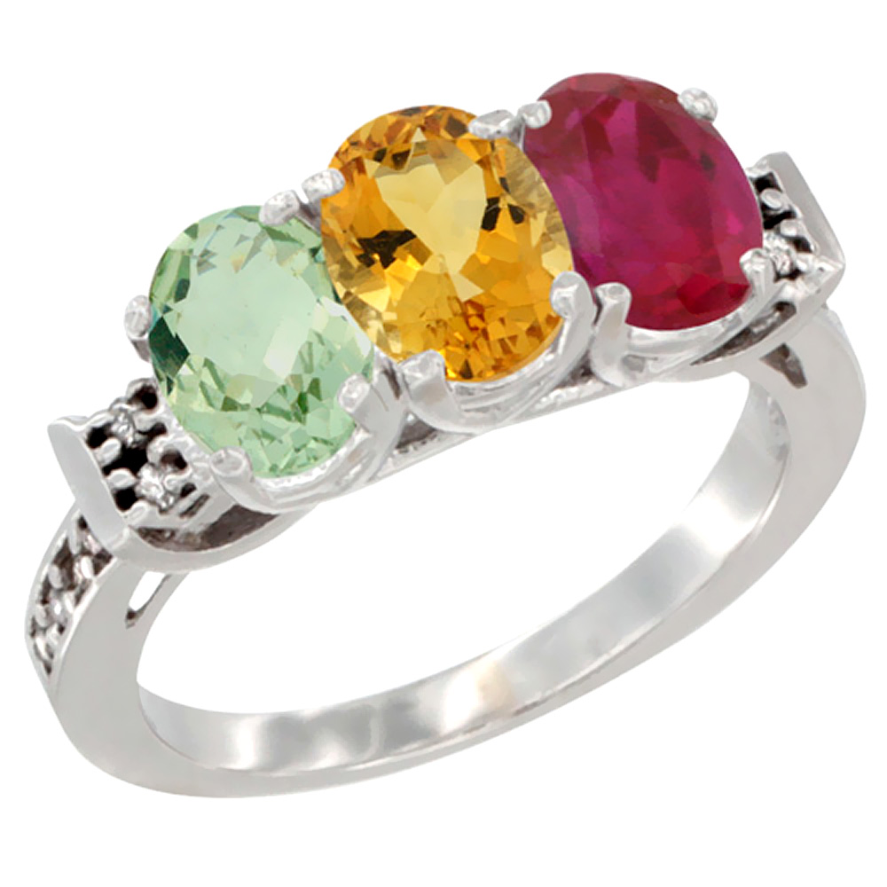 10K White Gold Natural Green Amethyst, Citrine &amp; Enhanced Ruby Ring 3-Stone Oval 7x5 mm Diamond Accent, sizes 5 - 10