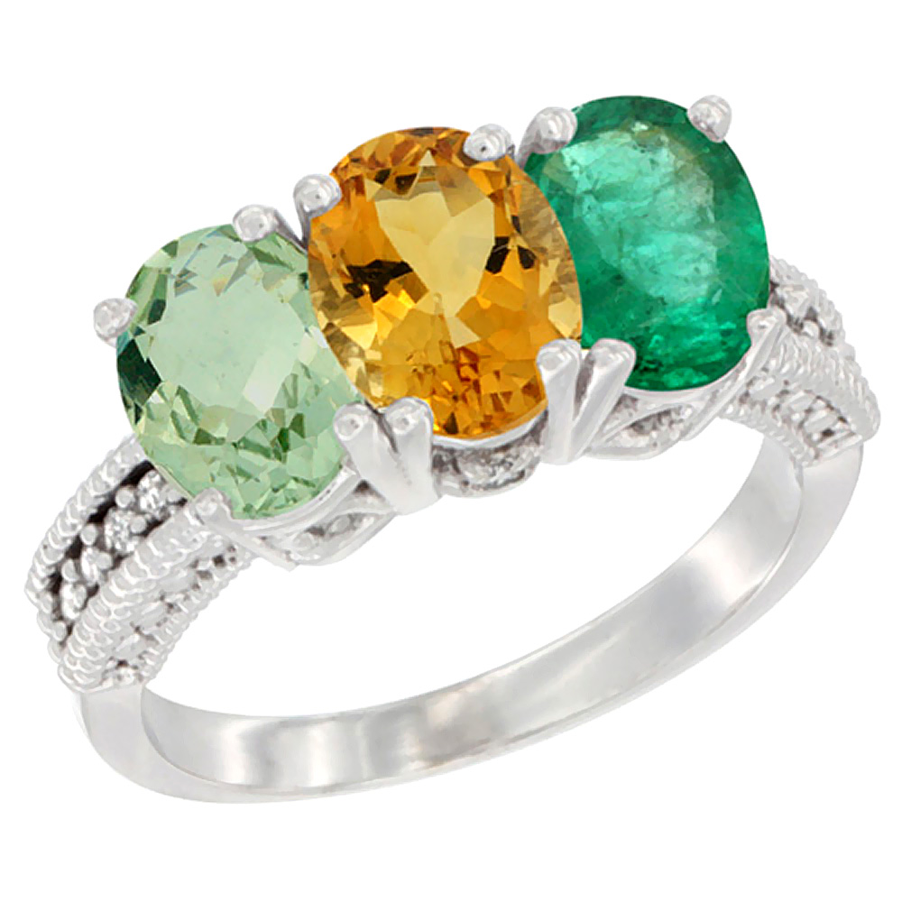 10K White Gold Natural Green Amethyst, Citrine &amp; Emerald Ring 3-Stone Oval 7x5 mm Diamond Accent, sizes 5 - 10
