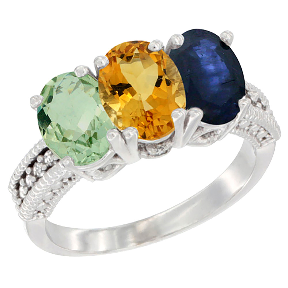 10K White Gold Natural Green Amethyst, Citrine &amp; Blue Sapphire Ring 3-Stone Oval 7x5 mm Diamond Accent, sizes 5 - 10
