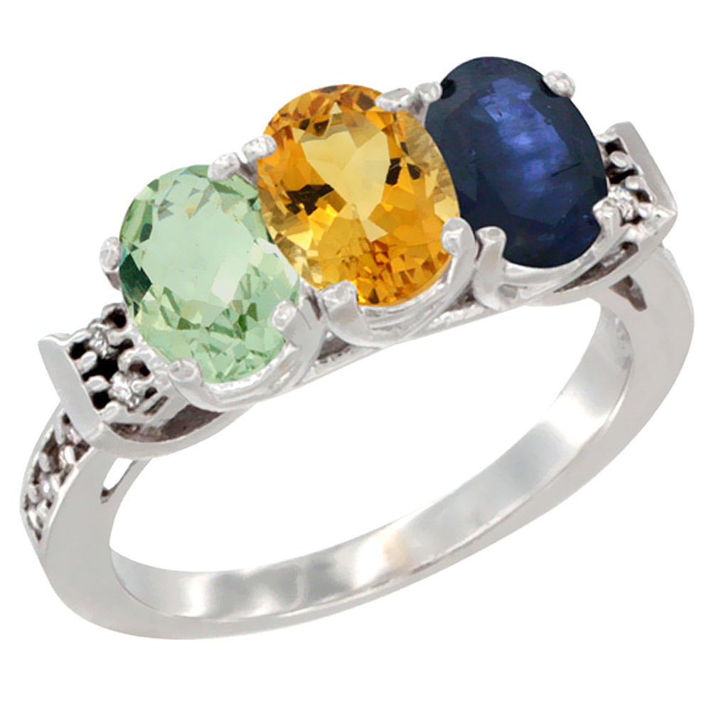 10K White Gold Natural Green Amethyst, Citrine &amp; Blue Sapphire Ring 3-Stone Oval 7x5 mm Diamond Accent, sizes 5 - 10