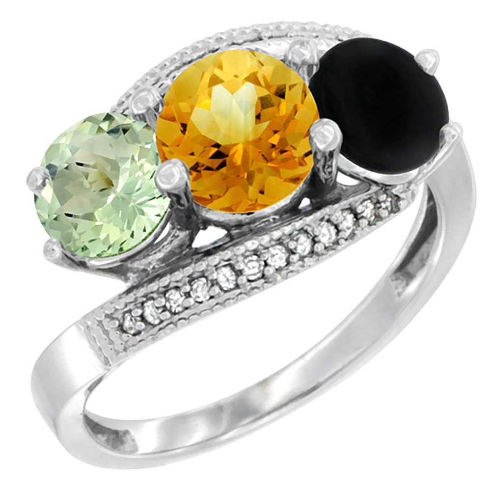 10K White Gold Natural Green Amethyst, Citrine & Black Onyx 3 stone Ring Round 6mm Diamond Accent, sizes 5 - 10