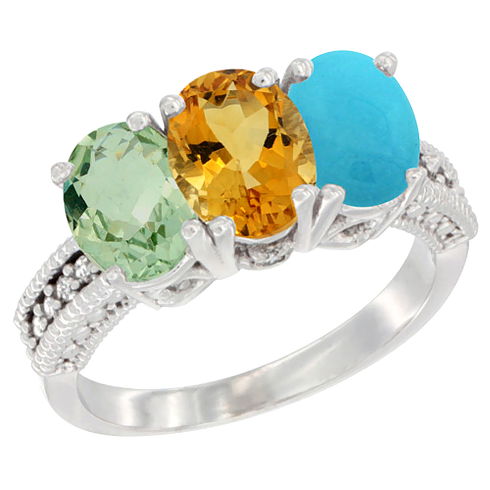 10K White Gold Natural Green Amethyst, Citrine &amp; Turquoise Ring 3-Stone Oval 7x5 mm Diamond Accent, sizes 5 - 10