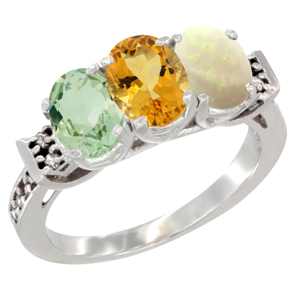 10K White Gold Natural Green Amethyst, Citrine &amp; Opal Ring 3-Stone Oval 7x5 mm Diamond Accent, sizes 5 - 10