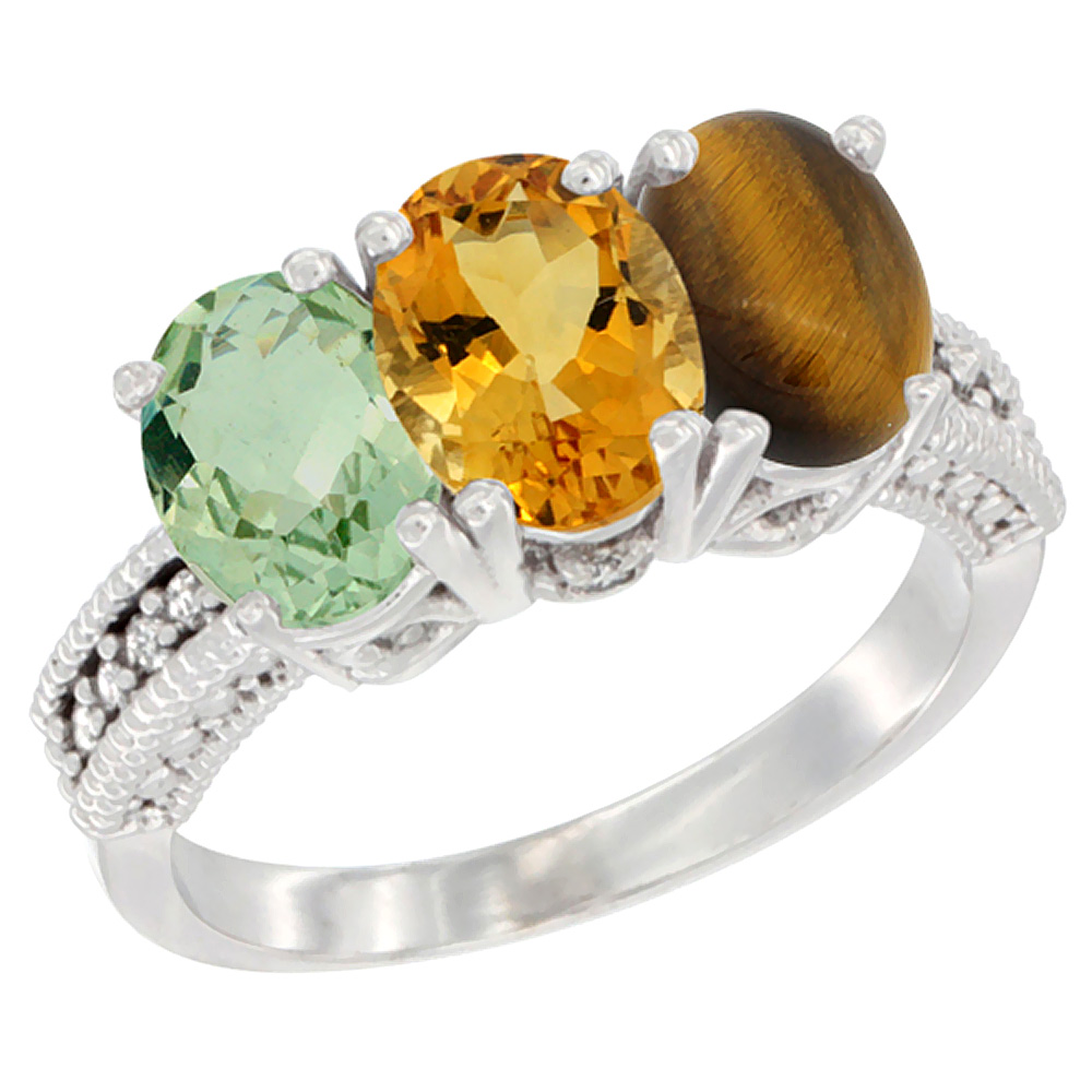 10K White Gold Natural Green Amethyst, Citrine &amp; Tiger Eye Ring 3-Stone Oval 7x5 mm Diamond Accent, sizes 5 - 10