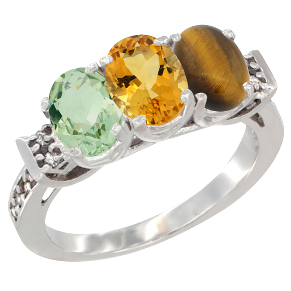 10K White Gold Natural Green Amethyst, Citrine &amp; Tiger Eye Ring 3-Stone Oval 7x5 mm Diamond Accent, sizes 5 - 10