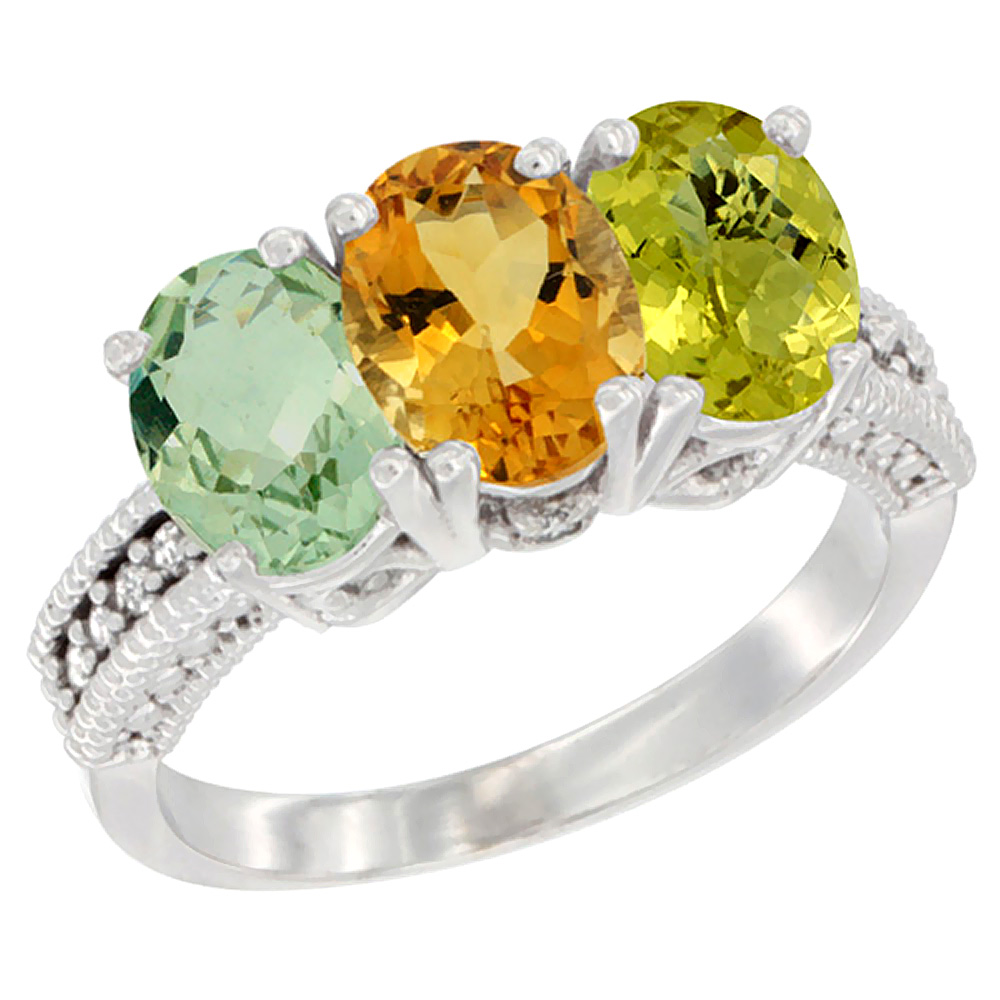 14K White Gold Natural Green Amethyst, Citrine & Lemon Quartz Ring 3-Stone 7x5 mm Oval Diamond Accent, sizes 5 - 10