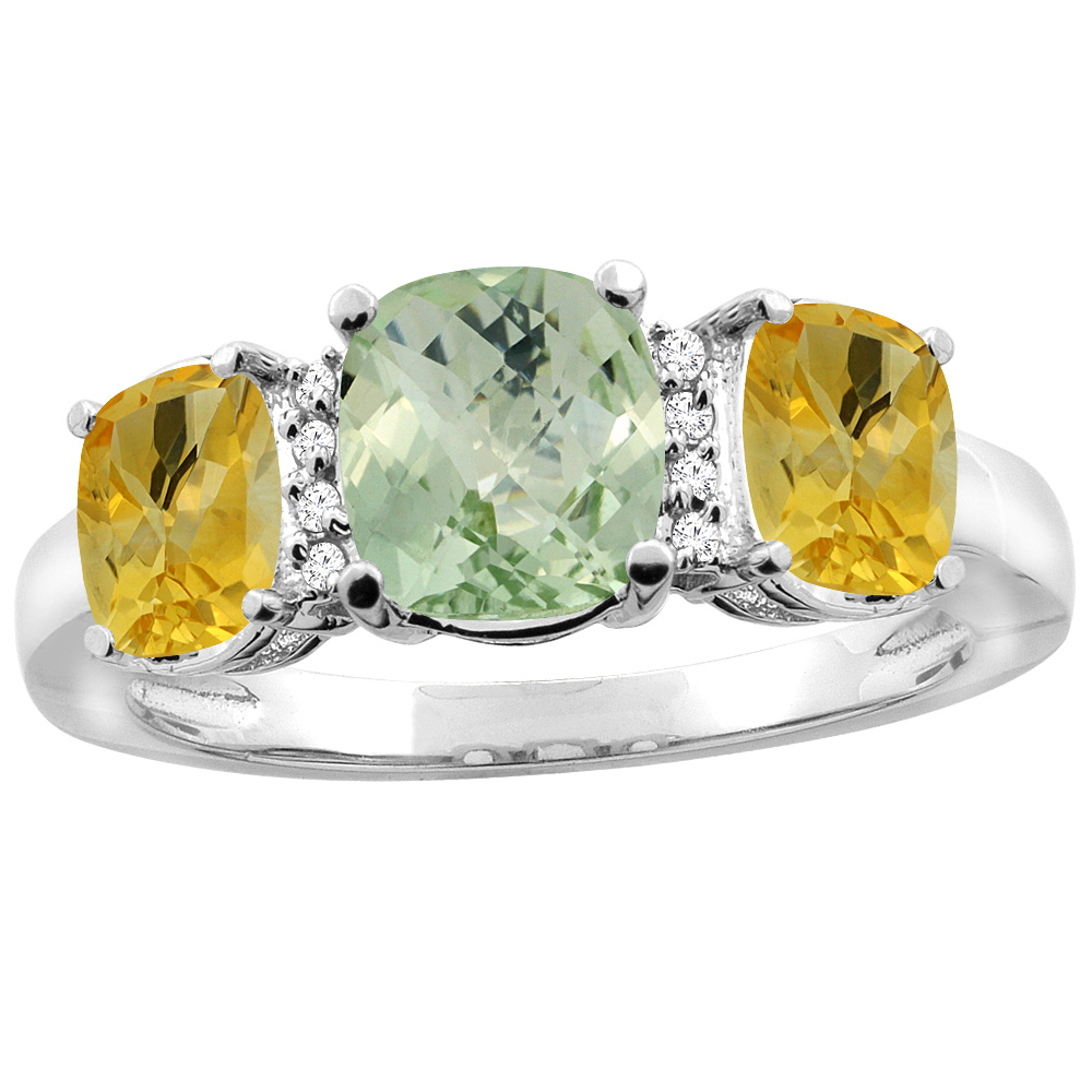 14K Yellow Gold Natural Green Amethyst &amp; Citrine 3-stone Ring Cushion 8x6mm Diamond Accent, sizes 5 - 10