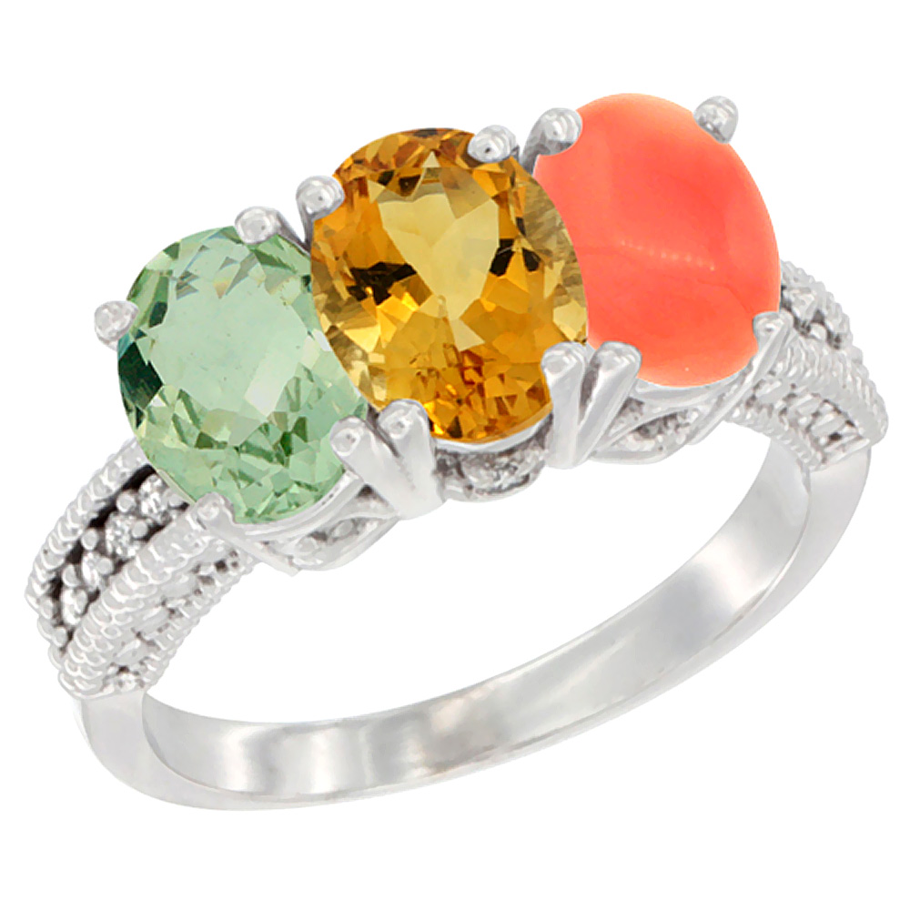 10K White Gold Natural Green Amethyst, Citrine &amp; Coral Ring 3-Stone Oval 7x5 mm Diamond Accent, sizes 5 - 10