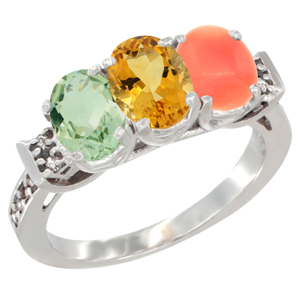 10K White Gold Natural Green Amethyst, Citrine &amp; Coral Ring 3-Stone Oval 7x5 mm Diamond Accent, sizes 5 - 10