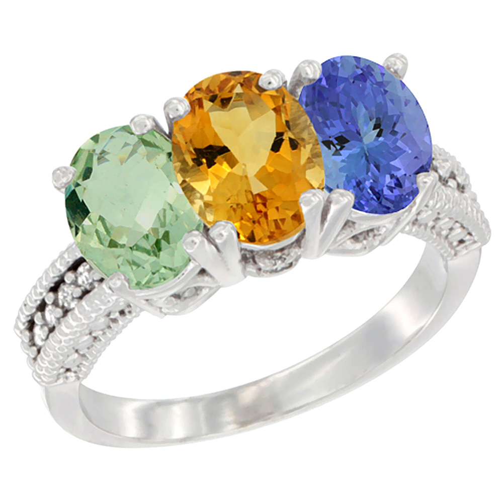 10K White Gold Natural Green Amethyst, Citrine &amp; Tanzanite Ring 3-Stone Oval 7x5 mm Diamond Accent, sizes 5 - 10