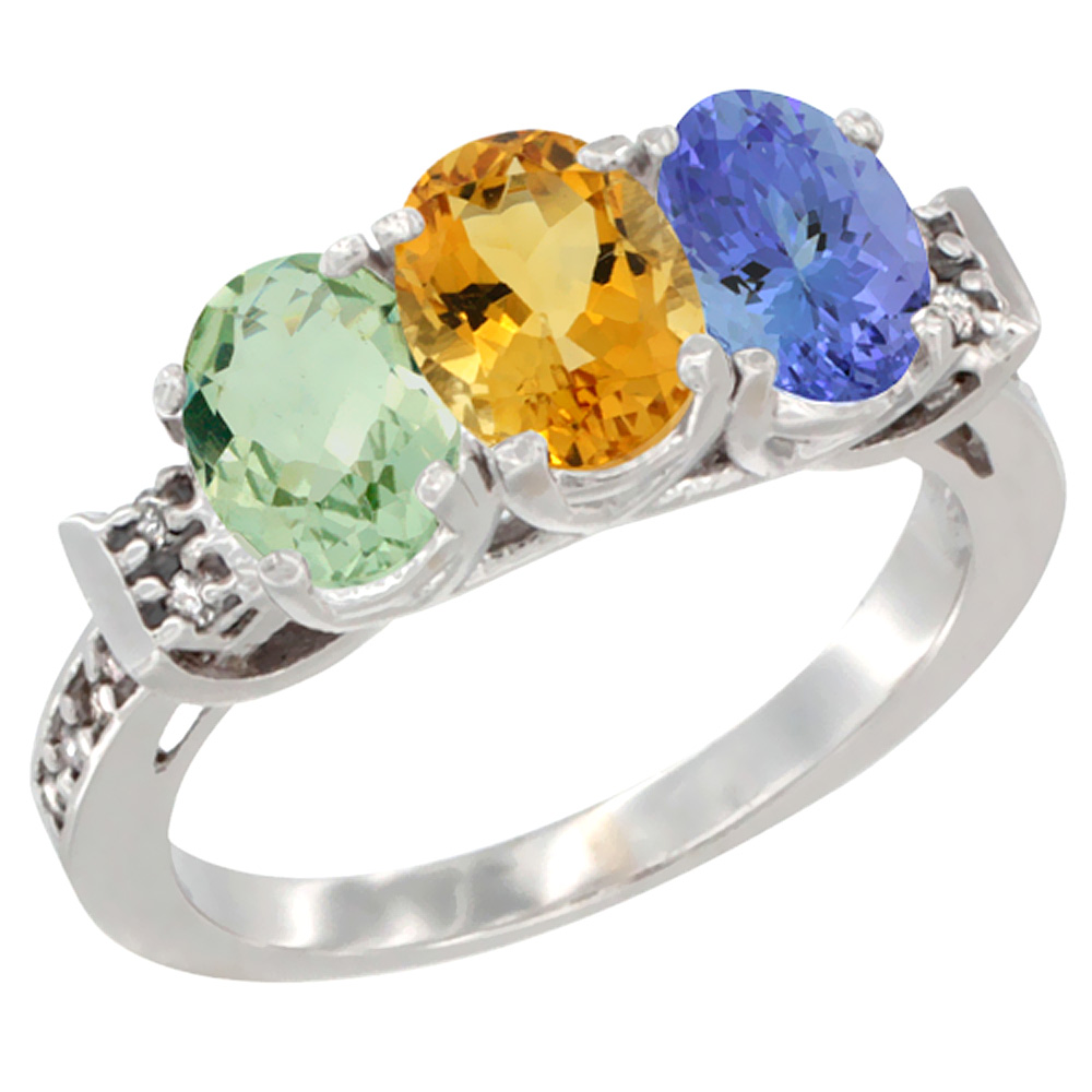 14K White Gold Natural Green Amethyst, Citrine &amp; Tanzanite Ring 3-Stone 7x5 mm Oval Diamond Accent, sizes 5 - 10