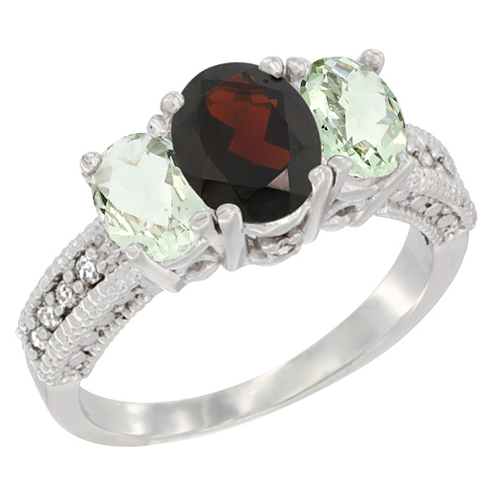 10K White Gold Diamond Natural Garnet Ring Oval 3-stone with Green Amethyst, sizes 5 - 10