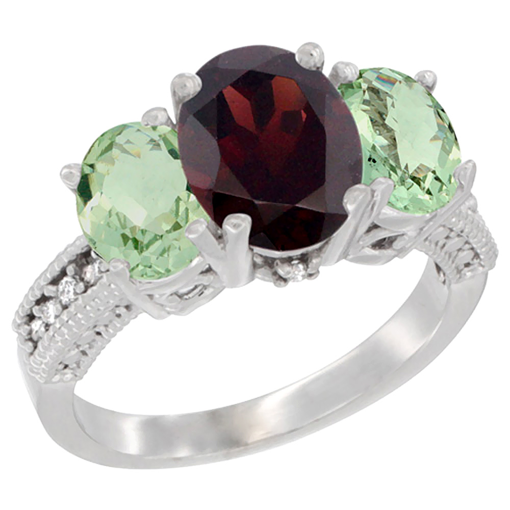 14K White Gold Diamond Natural Garnet Ring 3-Stone Oval 8x6mm with Green Amethyst, sizes5-10