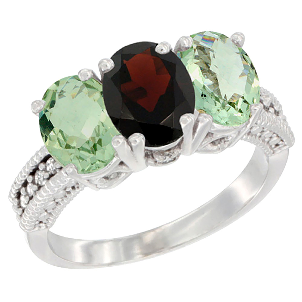 14K White Gold Natural Garnet &amp; Green Amethyst Sides Ring 3-Stone 7x5 mm Oval Diamond Accent, sizes 5 - 10