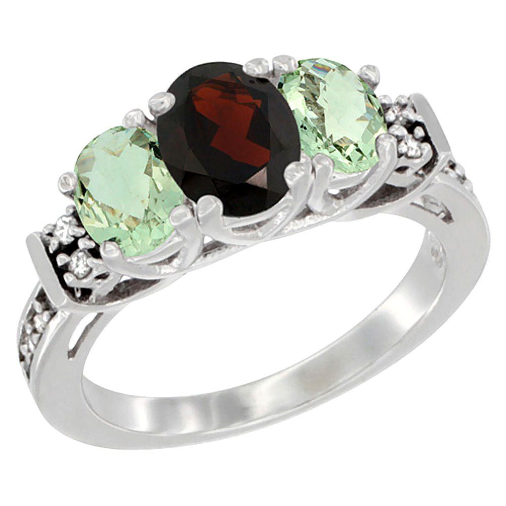 14K White Gold Natural Garnet &amp; Green Amethyst Ring 3-Stone Oval Diamond Accent, sizes 5-10
