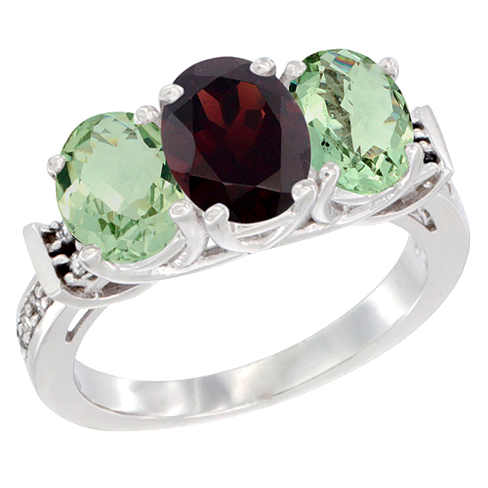 14K White Gold Natural Garnet &amp; Green Amethyst Sides Ring 3-Stone Oval Diamond Accent, sizes 5 - 10