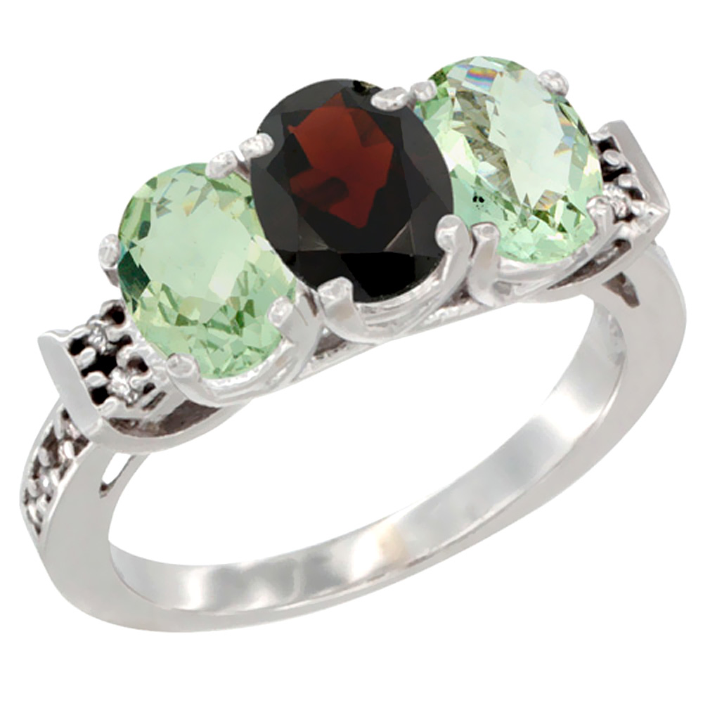 14K White Gold Natural Garnet &amp; Green Amethyst Sides Ring 3-Stone 7x5 mm Oval Diamond Accent, sizes 5 - 10