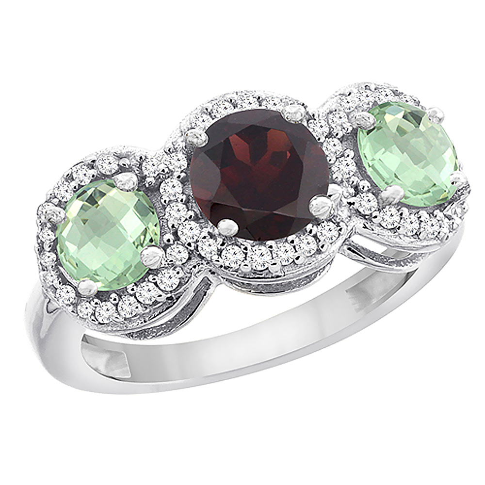 14K White Gold Natural Garnet &amp; Green Amethyst Sides Round 3-stone Ring Diamond Accents, sizes 5 - 10
