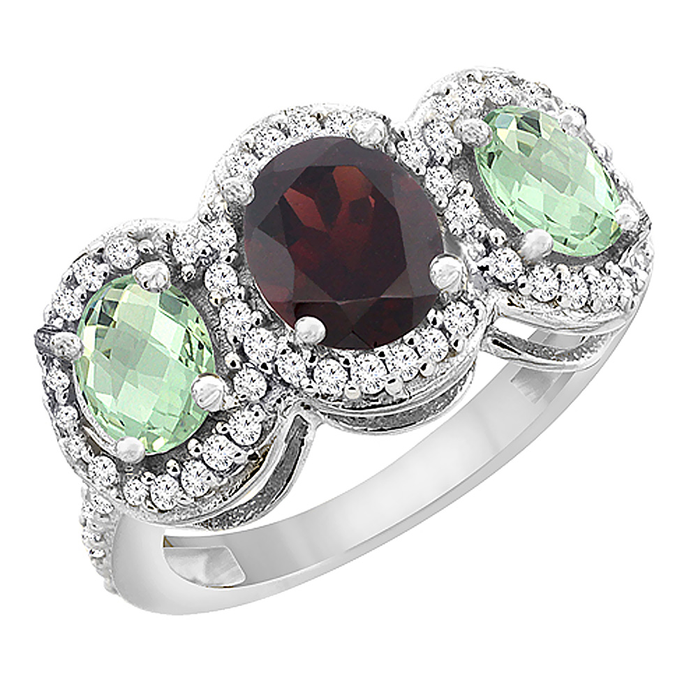 14K White Gold Natural Garnet &amp; Green Amethyst 3-Stone Ring Oval Diamond Accent, sizes 5 - 10