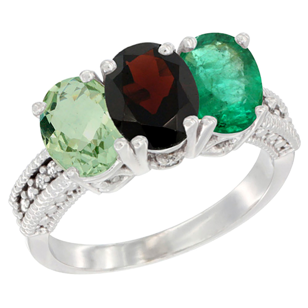 14K White Gold Natural Green Amethyst, Garnet &amp; Emerald Ring 3-Stone 7x5 mm Oval Diamond Accent, sizes 5 - 10