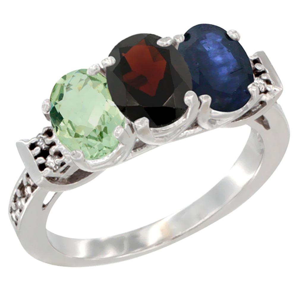 14K White Gold Natural Green Amethyst, Garnet &amp; Blue Sapphire Ring 3-Stone 7x5 mm Oval Diamond Accent, sizes 5 - 10