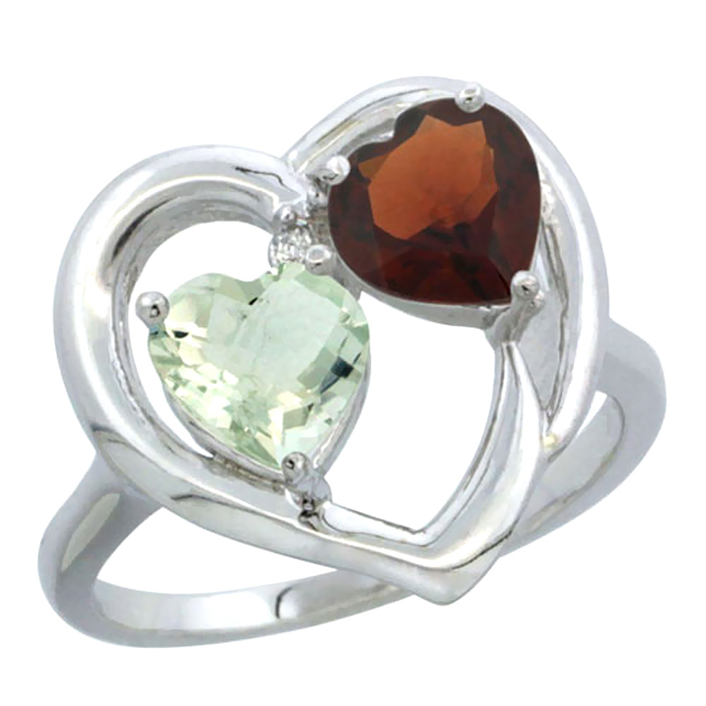 14K White Gold Diamond Two-stone Heart Ring 6mm Natural Green Amethyst & Garnet, sizes 5-10