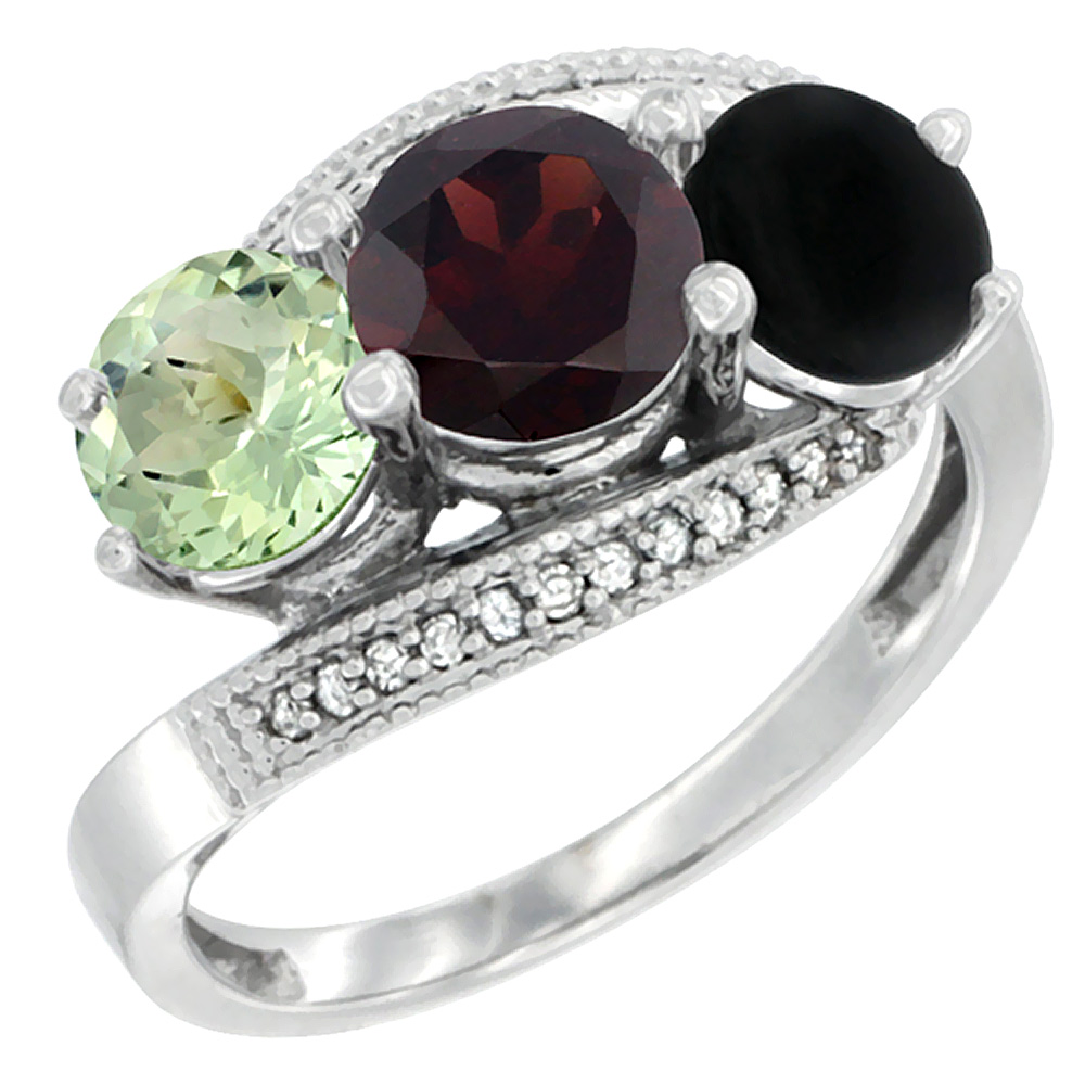 14K White Gold Natural Green Amethyst, Garnet & Black Onyx 3 stone Ring Round 6mm Diamond Accent, sizes 5 - 10