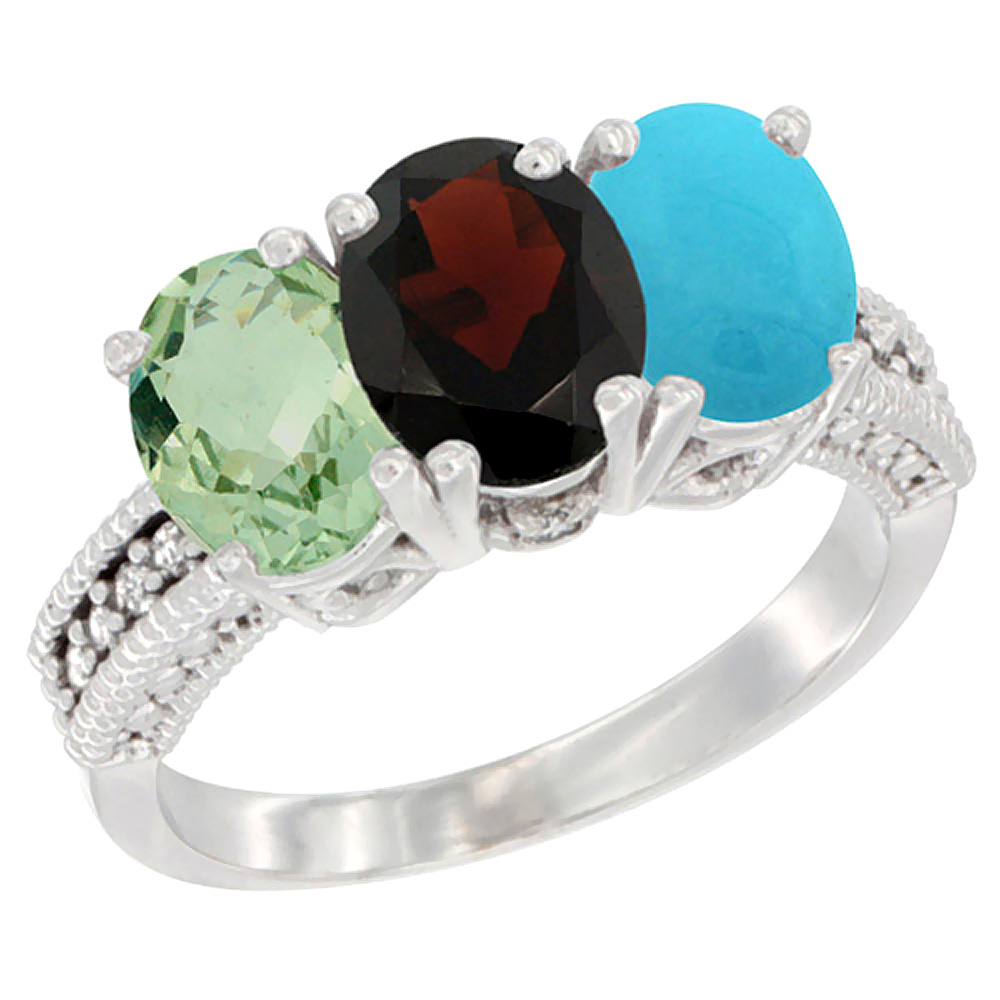 14K White Gold Natural Green Amethyst, Garnet &amp; Turquoise Ring 3-Stone 7x5 mm Oval Diamond Accent, sizes 5 - 10