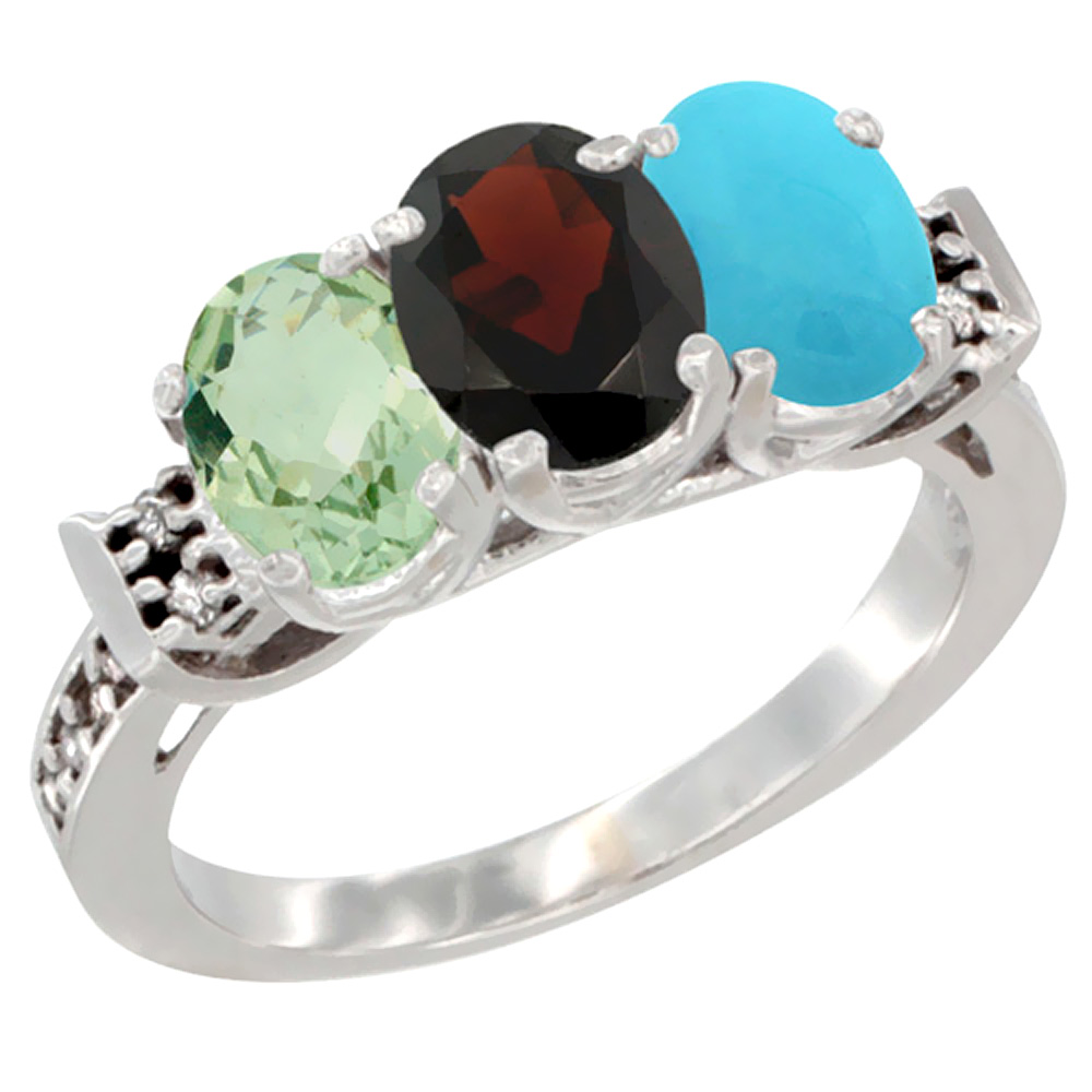 14K White Gold Natural Green Amethyst, Garnet &amp; Turquoise Ring 3-Stone 7x5 mm Oval Diamond Accent, sizes 5 - 10