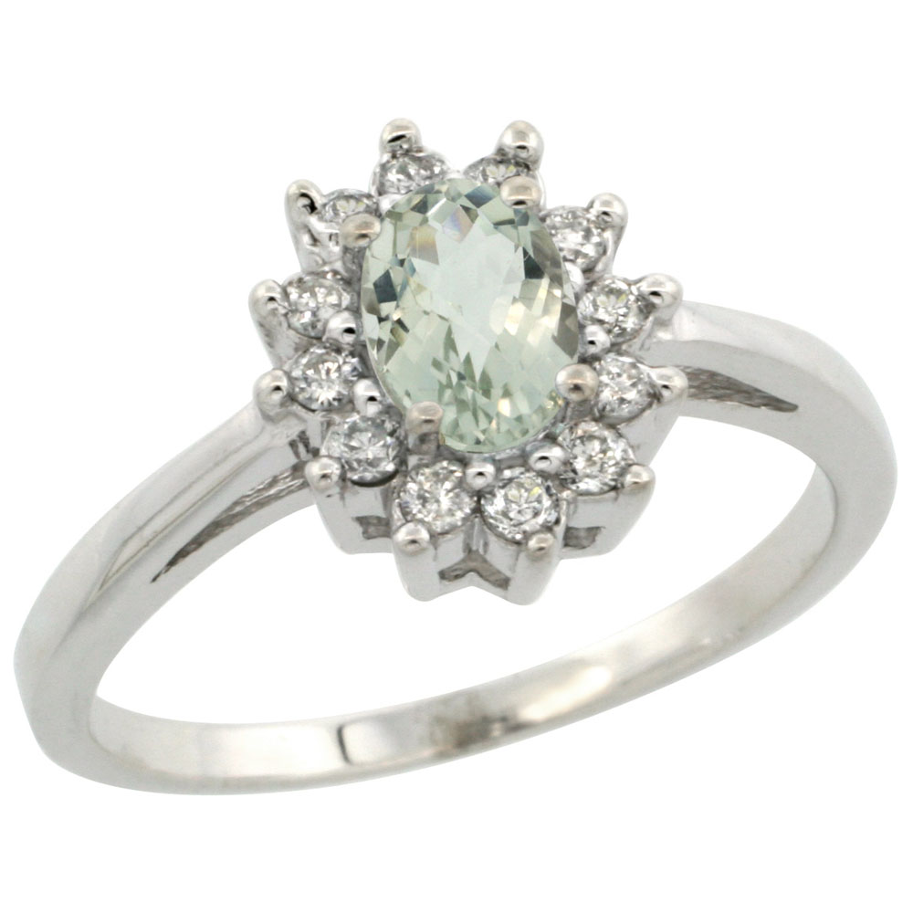 14K White Gold Natural Green Amethyst Flower Diamond Halo Ring Oval 6x4 mm, sizes 5-10