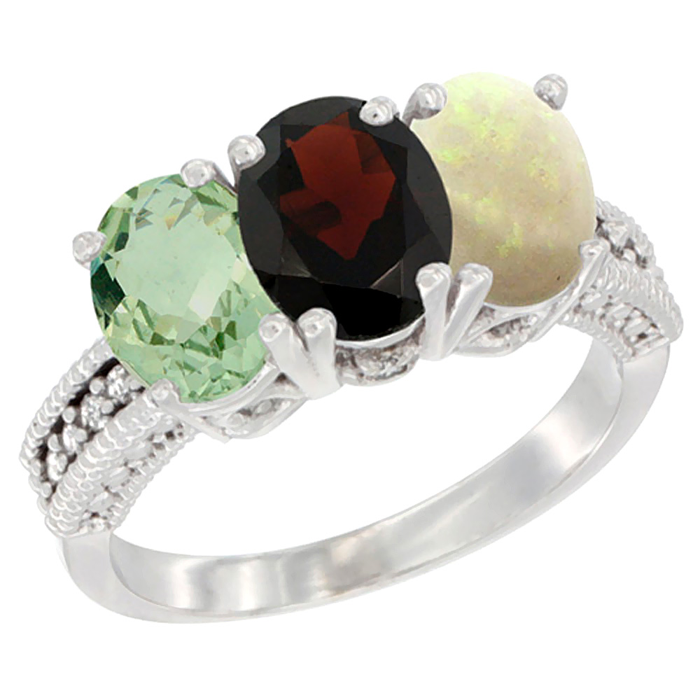 10K White Gold Natural Green Amethyst, Garnet & Opal Ring 3-Stone Oval 7x5 mm Diamond Accent, sizes 5 - 10
