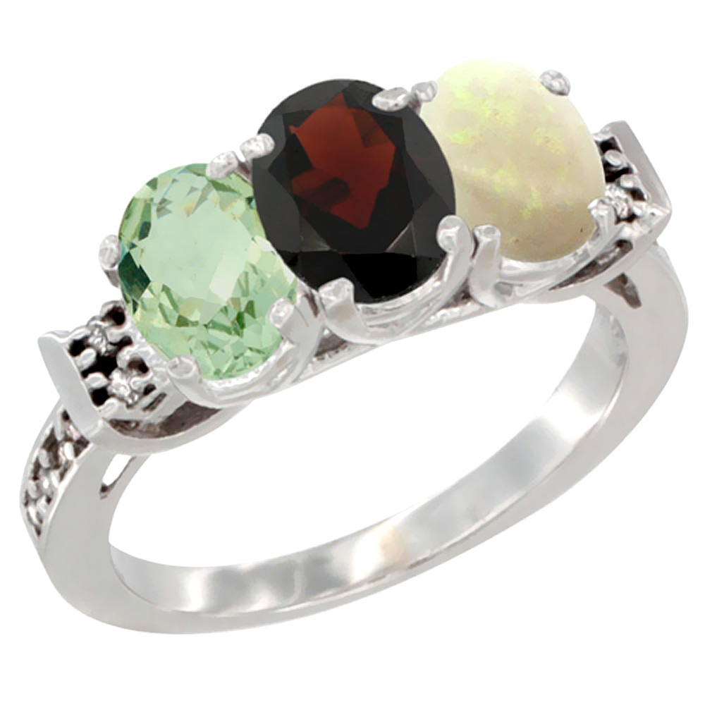 14K White Gold Natural Green Amethyst, Garnet & Opal Ring 3-Stone 7x5 mm Oval Diamond Accent, sizes 5 - 10